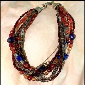 Chico’s Necklace silver tone multi-strand Necklace.  Blue, orange, brown & red